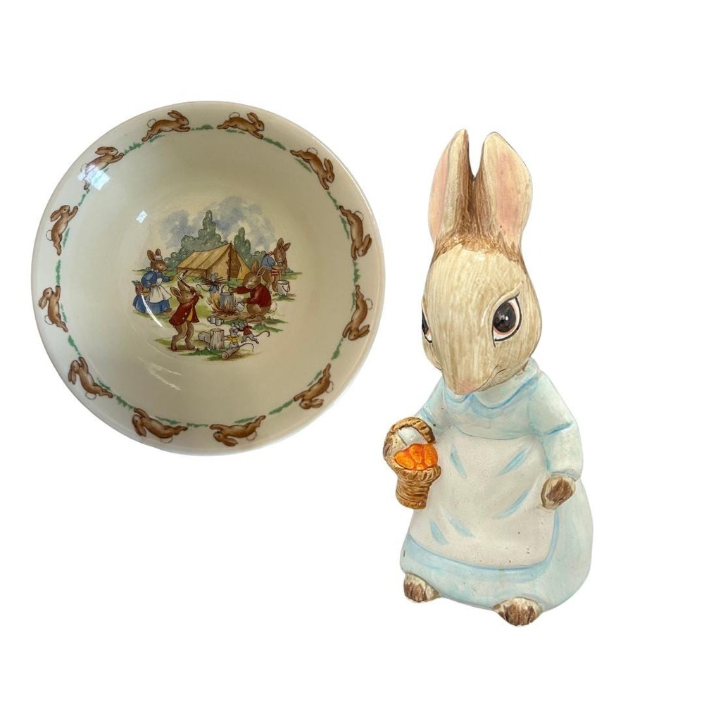 Vintage Bunnykins Bowl & Beatrix Potter Mrs. Rabbit Figurine Set